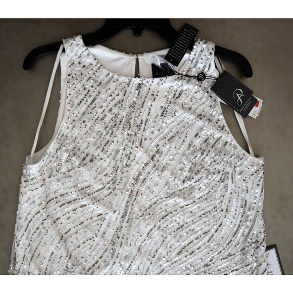 Adrianna Papell Women's Sz 14 Ivory Beaded Sequin Trapeze Lined Shift Dress - Picture 10 of 13